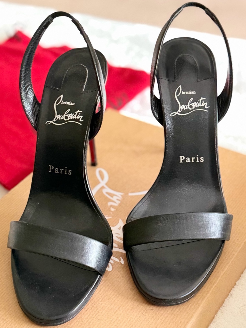 Christian Louboutin Black Leather Open-Toe Slingback Heels with Red Sole - Picture 6 of 10